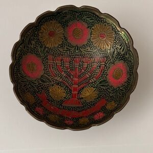 Decorative Brass Bowl/Tinket Dish with Floral and Menorah Design
